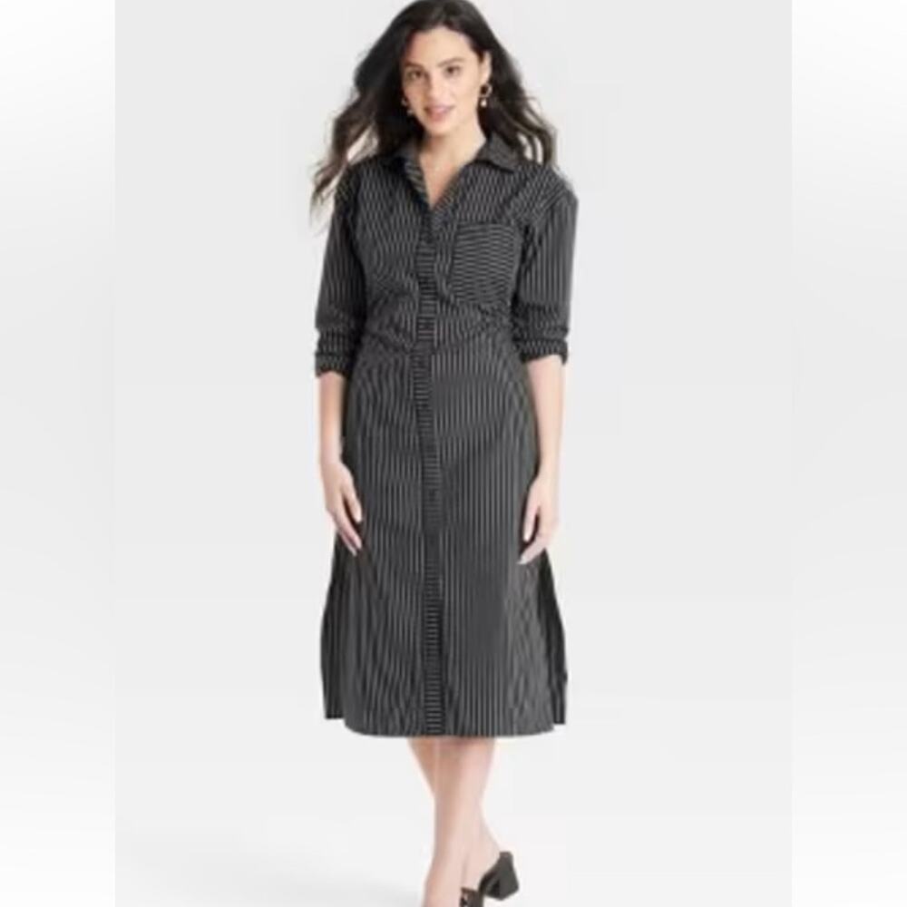 NEW Black Pinstripe Shirt Dress Midi Contemporary Chic Menswear Office Teacher